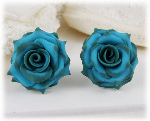 polymer clay flower, Teal Tip Turquoise Rose Earrings Stud or Clip On