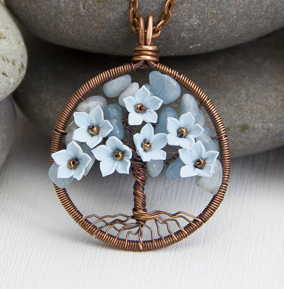 Tree Of Life necklace aquamarine pendant - copper wire wrapped pendant - wire copper jewelry - wrapped modern tree necklace rustic