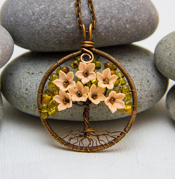 Polymer clay tree with flowers pendant - Tree Of Life necklace copper - wire wrapped pendant - wired copper jewelry - wrapped modern tree chips - gift for woman - gift for her