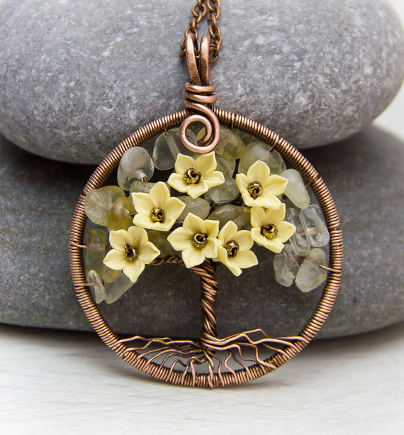 Polymer clay tree with flowers pendant - Tree Of Life necklace pendant -copper wire wrapped pendant - citrine necklace - wired copper jewelry - wire wrapped tree pendant yellow