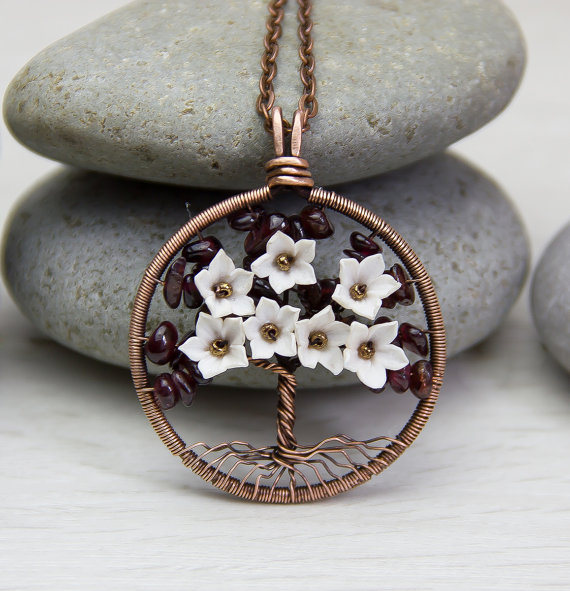 Polymer clay tree with flowers pendant