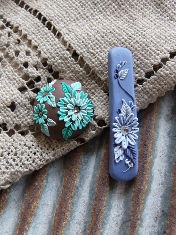 two artisan polymer clay focal beads - floral beads - pendant - cottage chic - embroidered