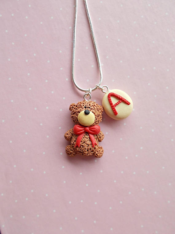 Handmade polymer clay Valentine's day gifts - Initial letter necklaces with a letter charm and a teddy bear one.