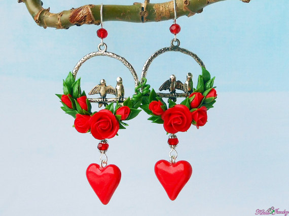 Valentine earrings red roses Red heart earrings polymer clay Floral long earrings Romantic earrings love birds Jewelry Valentine's Day Gift