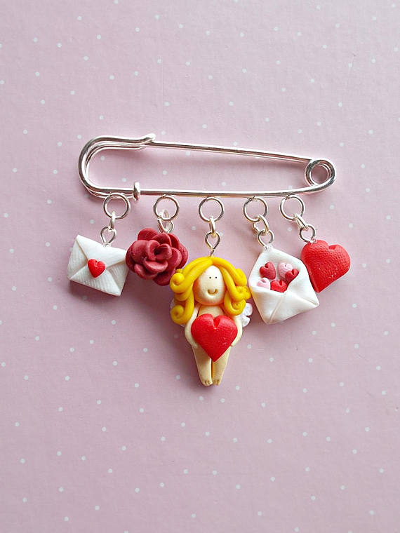 Handmade polymer clay Valentine's day gifts - needle pin with polymer clay 5 charms: love letter, rose, Cupid, envelope with red and pink hearts and the red heart charm.