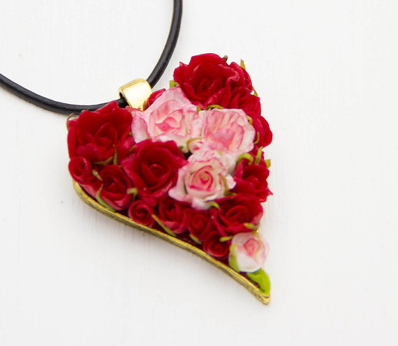 Polymer clay roses heart pendant