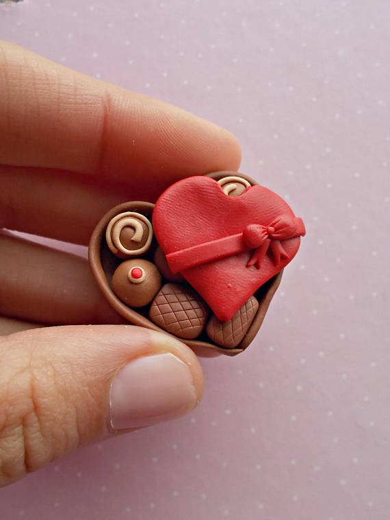 Valentines Day brooch - box of chocolate candy in a heart shape