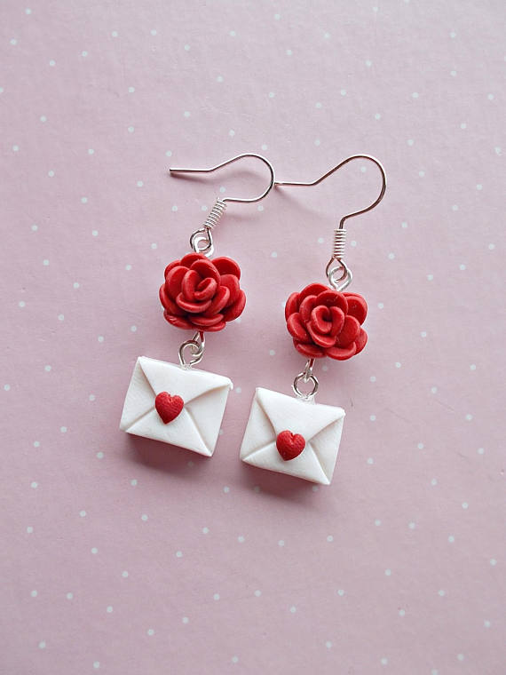 Valentines earrings with a red rose and love letter