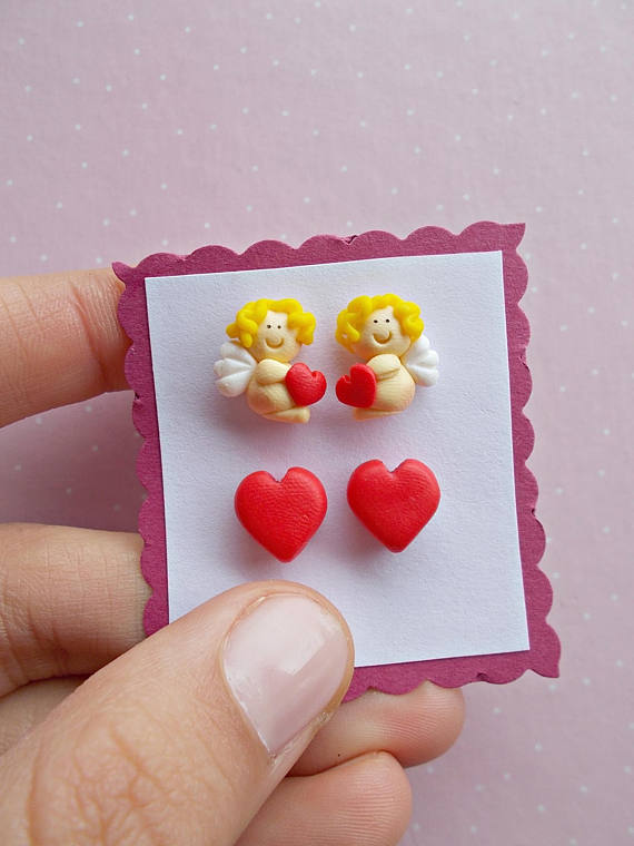 Handmade polymer clay Valentine's day gifts Handmade polymer clay Valentine's day gifts - earrings set of two: Cupid earrings and red heart studs