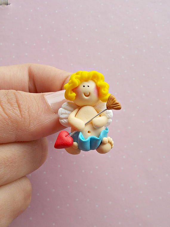 Valentines Day gift - polymer clay Cupid brooch 