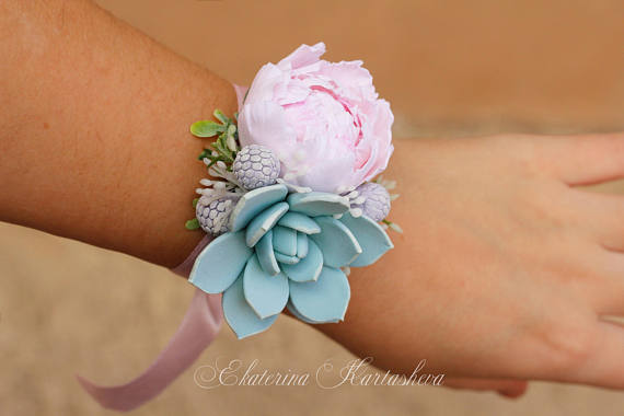 Wedding Corsage, succulent corsage wrist, wedding accessories bridesmaids pink wedding bouquet clay flowers bracelets prom peony echeveria