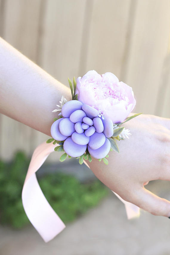 Polymer clay flowers wedding corsages, Wedding Corsage, succulent corsage wrist, wedding accessories bridesmaids purple wedding bouquet clay flowers bracelets prom peony echeveria