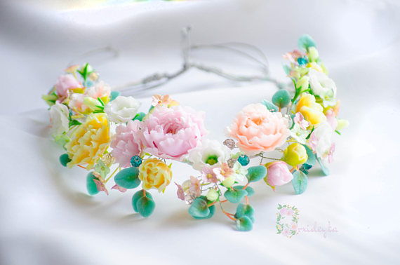 Amazing flower necklace with blooming pink, peach and yellow peonies, peony buds, tiny blue and pink hydrangea flowers, amazing white eustoma, crystal beads and turquiose leaves tinted white.