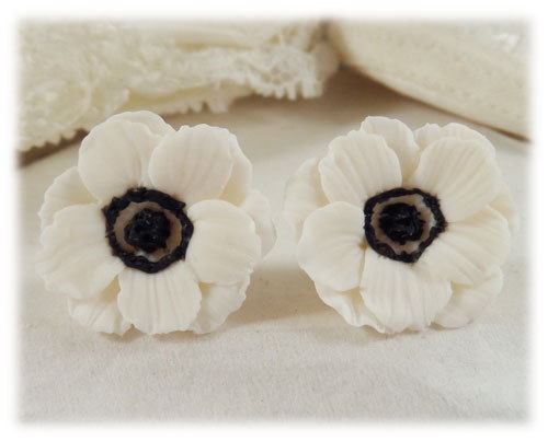 polymer clay flower, White Anemone Flower Earrings Stud or Clip On - Anemone Jewelry Collection