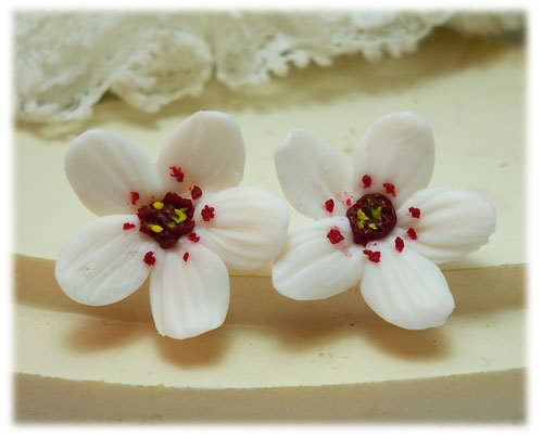 polymer clay flower, White Cherry Blossom Earrings Stud or Clip On