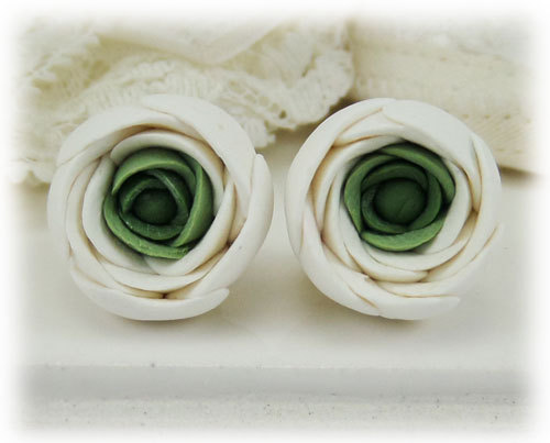 polymer clay flower, White Ranunculus Earrings Stud or Clip On - Ranunculus Jewelry Collection