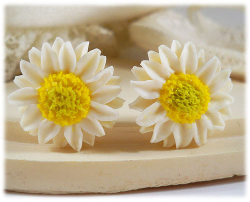 polymer clay flower, White Sunflower Earrings Stud or Clip On - Sunflower Jewelry