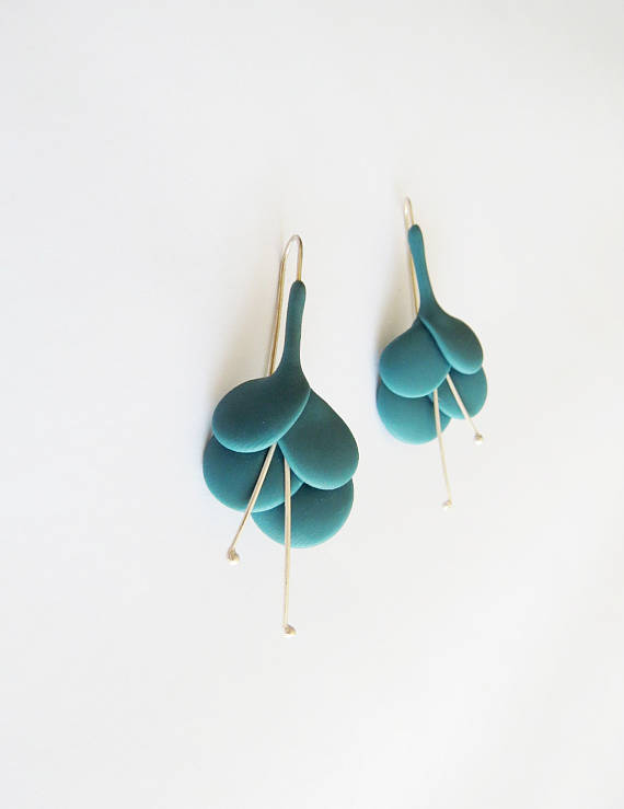 art deco leaves, dangle and drop ocean blue polymer clay minmalist earrings