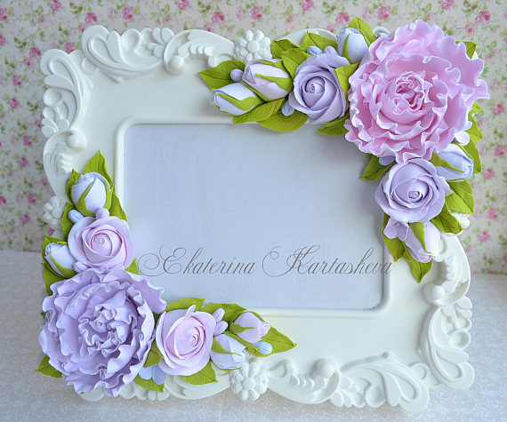 Polymer clay flowers picture frame