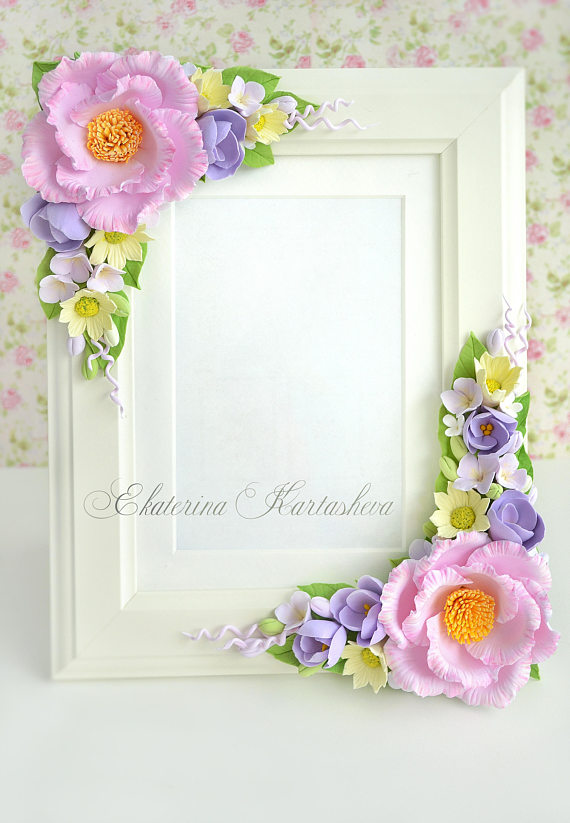 Polymer clay flowers picture frame