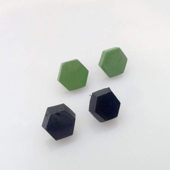 black and olive green hexagon earrings polymer clay