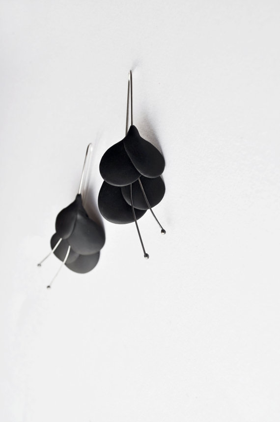 contemporary polymer clay earrings, '' black retro leaves'