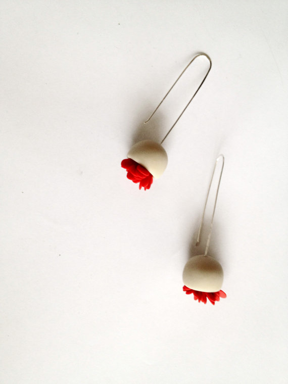 minimalistic hand sculped bell flower polymer clay earrings in off white colour with red elements