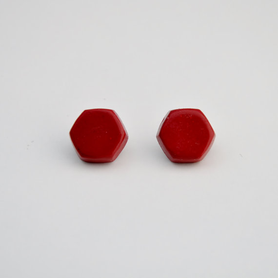 red bordeaux hexagon earrings polymer clay