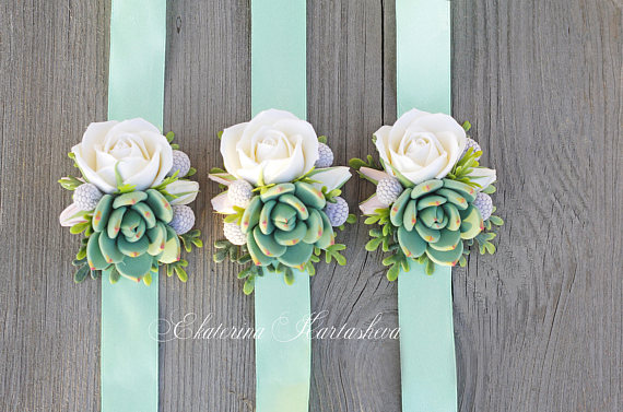 Polymer clay flowers wedding corsages, women flower jewelry Succulent corsage wedding corsage wrist bridal bouquet wedding accessories bridesmaids clay flowers, bracelets