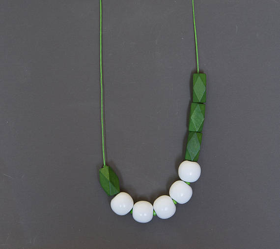 Asymmetric necklace Boho necklace Beadwork necklace Green necklace White necklace Geometric necklace Wooden Glass necklace Metal free