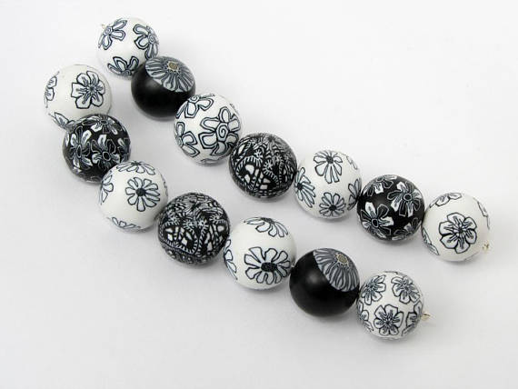 Beads black white beige bead set from polymer clay, handmade jewelry, fimo, millefiori, millefleur, art clay, necklace, bracelet