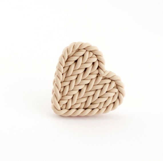 Polymer clay knit jewelry - ring, Beige heart ring - knit imitation ring - polymer clay beige knitted heart ring