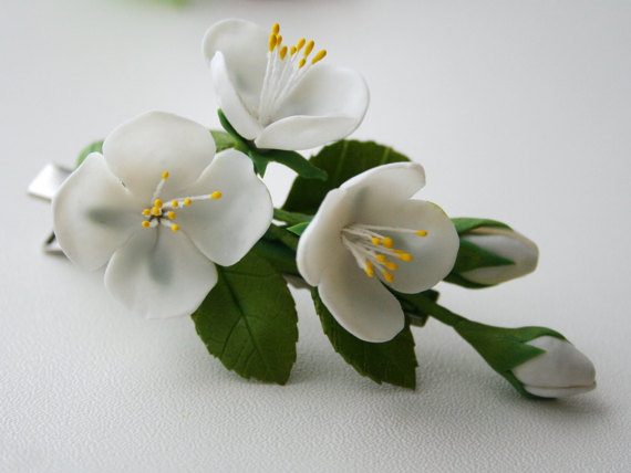 handmade polymer clay hair barrette - bridal hair flower - Spring blossom hair flower, Hair accessories, Flower hair clip, Jasmine blossom hair clip, Spring flower, hair clip