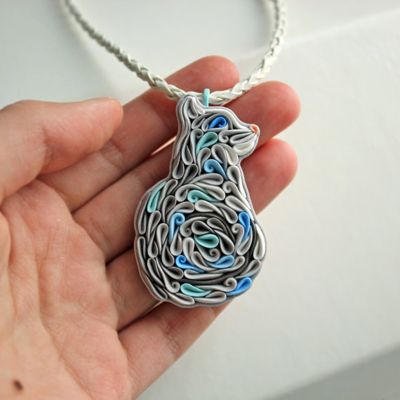 Cat necklace Grey Blue cat necklace Cute Cat jewelry Cat lovers gift Polymer clay cat Animal necklace