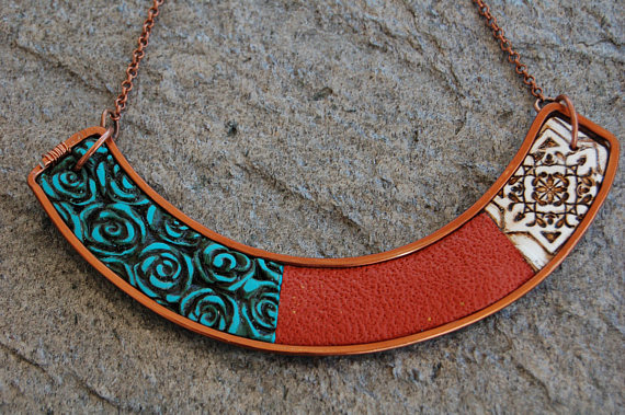 Copper Collar Necklace, polymer clay necklace, collar necklace, multicolor necklace, aluminium necklace