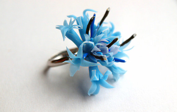 Cornflower Blue Floral Ring, Handmade Flowers, Cute Rings