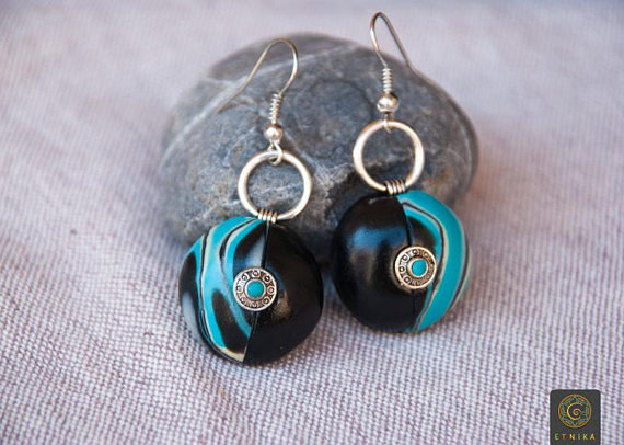 Woman Earrings Classic Clay Boho Chic Earrings Black Turquoise Earrings Silver Dressy Earrings Wife Gift Christmas Boho Lovers Gift