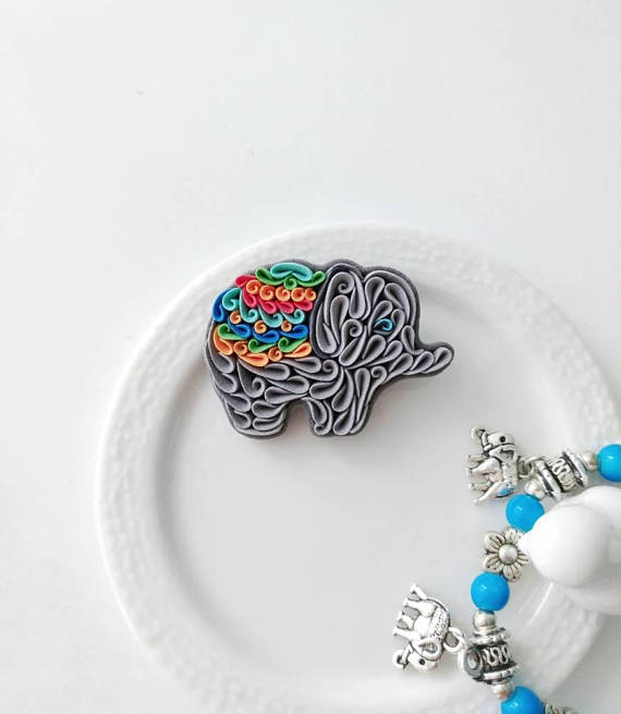 Elephant brooch, polymer clay elephant pin, grey rainbow elephant jewelry, elephant ornament, elephant lover gift, animal brooch, tiny art