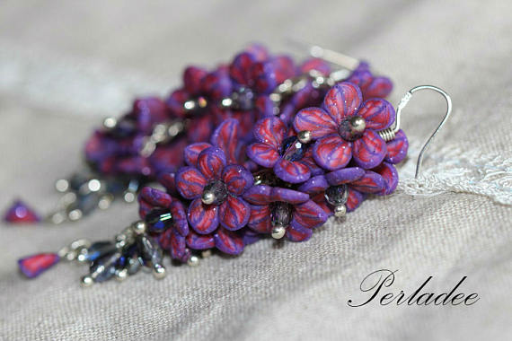 Floral Cluster Earrings, Polymer Clay Flower Earrings, Handmade Clay Flowers,