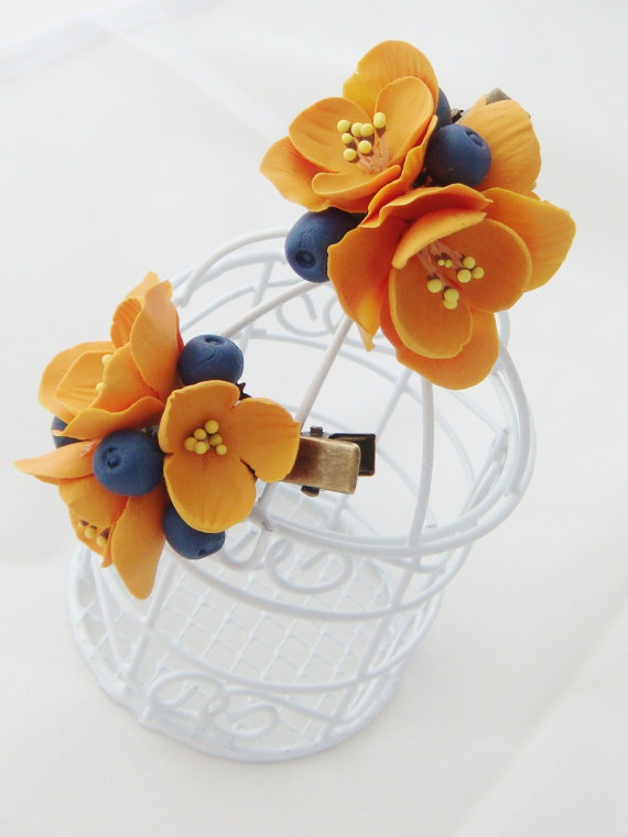 Flower hair clip - orange freesia, blueberry, flower barrette, Hair flower, Clay flower, Polymer clay flower, Flower hair accessories