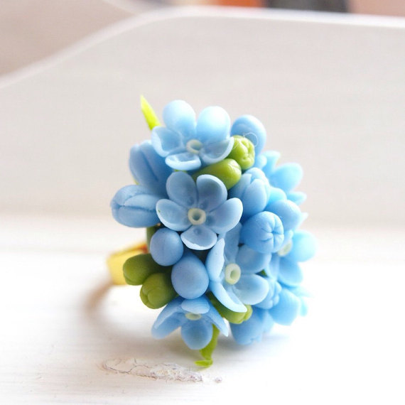 Polymer clay colorful rings, Forget Me Not Ring, Adjustable Flower Rings, forget me nots blue flowers jewelry, unique and delicate