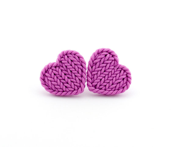 Polymer clay knit jewelry - mauve heart earrings, Heart Earrings - Stud Earrings - Gift for Her - Earring Studs - gift for knitter - Valentines Day Earrings - spring earrings - Heart Studs