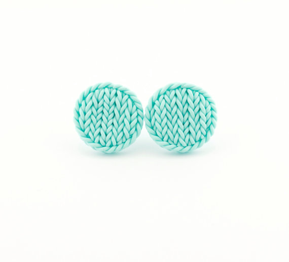 Polymer clay knit jewelry - mint heart earrings, Knit imitation earrings - faux knit earrings - little earrings - mint earrings studs - round earrings - small earrings - gift idea