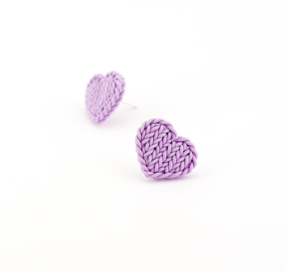 Polymer clay knit jewelry - lilac heart earrings, Lavande small knitted heart earrings - llilac heart post earrings - polymer clay knit imitation little hearts