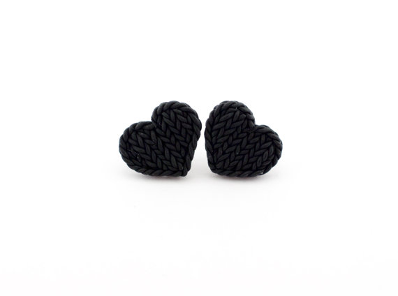 Polymer clay knit jewelry - blue heart earrings, Little black heart earrings - knit imitation earrings - black earring studs - polymer clay tiny black hearts