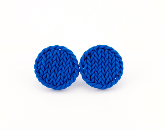 Polymer clay knit jewelry - blue circle earrings, Little bright blue round earrings - knit imitation earrings - electric blue earring studs - knitted polymer clay small colorful circles