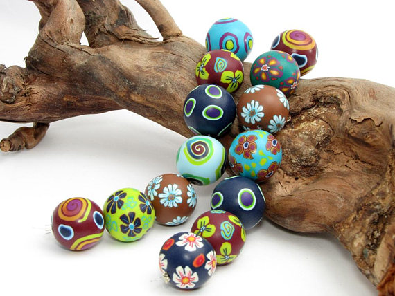 Nature beads set from polymer clay, handmade beads in germany, fimo, millefiori, big fimo beads, necklace, bracelet