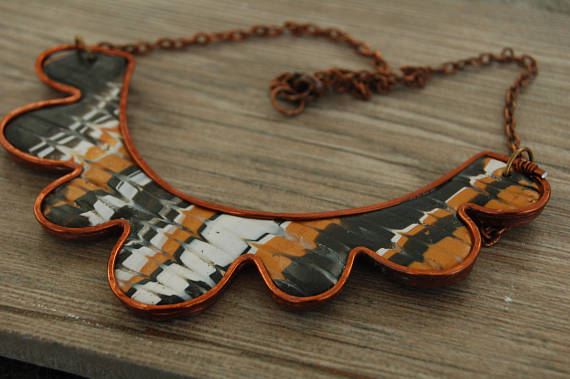 Necklace from Polymer Clay and hammered aluminum, copper aluminium necklace