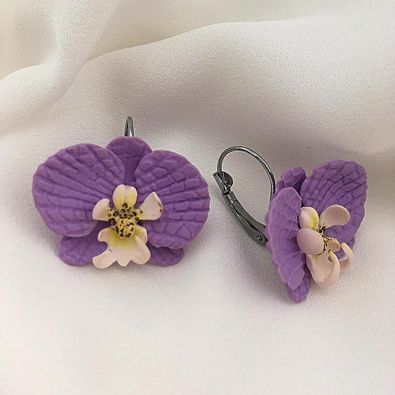 Purple polymer clay jewelry, Orchid earrings, Purple violet earrings, Polymer clay earrings, Flower earrings, Wedding prom earrings, Gift for her, Girls small earrings