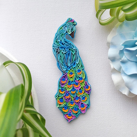 Polymer clay jewelry in an unique style, Peacock brooch, polymer clay Peacock, Peacock with multicolored tail, Multicolored bird, Bird brooch pin, Peacock jewelry,